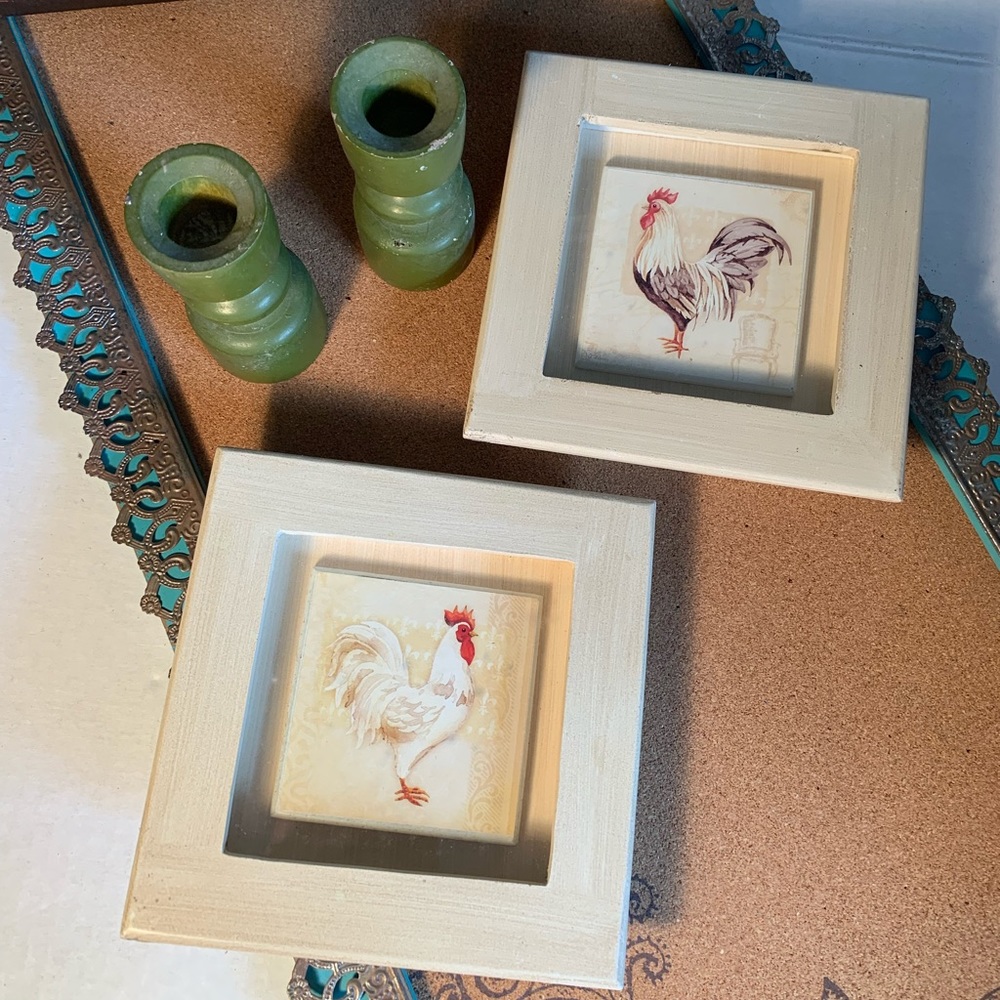 2 Rooster Prints w/Vintage Candle Holders(B2)